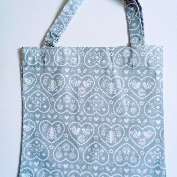 Xmas gift bag, grey, white, hearts, gifts, 100% cotton bag, Christmas gift bag