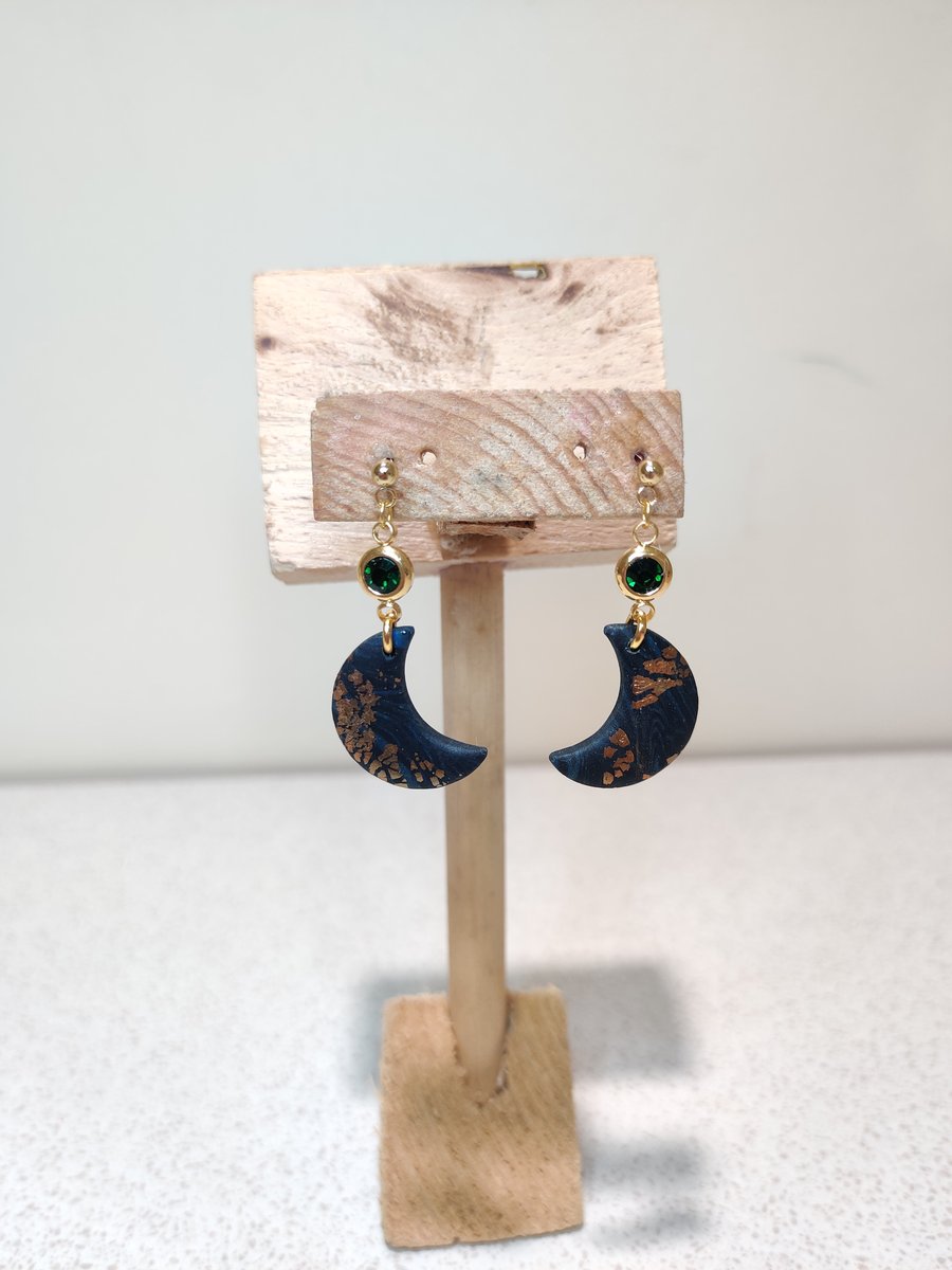 Black and gold gem mini moon dangle earrings