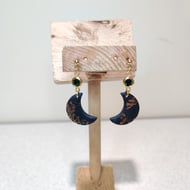 Black and gold gem mini moon dangle earrings