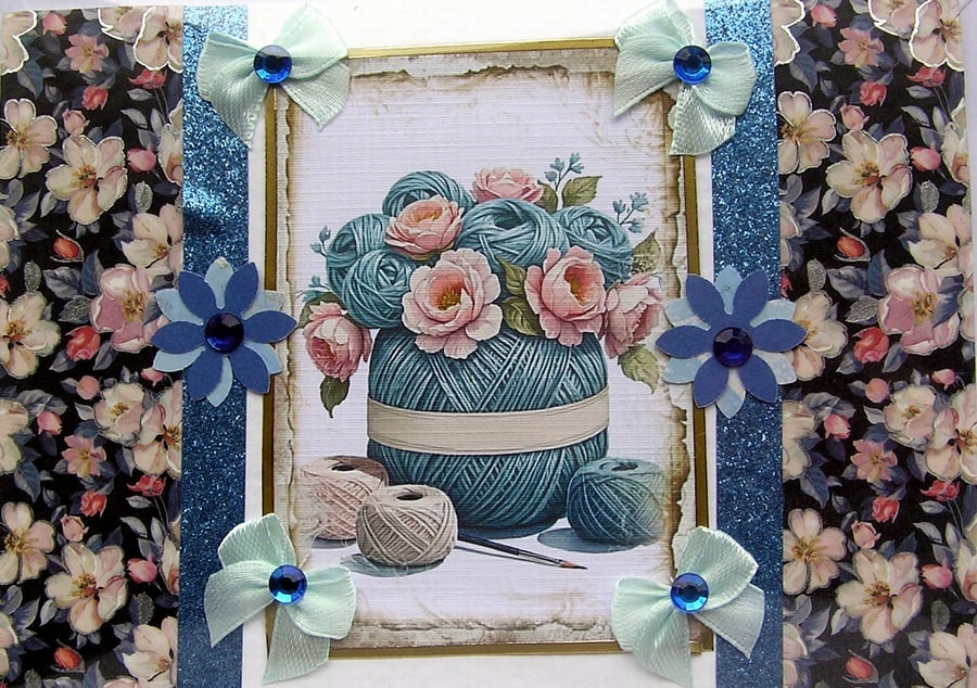 Knitting Crafting Wool - Hand Crafted Decoupage Greeting Card - Blank 3138