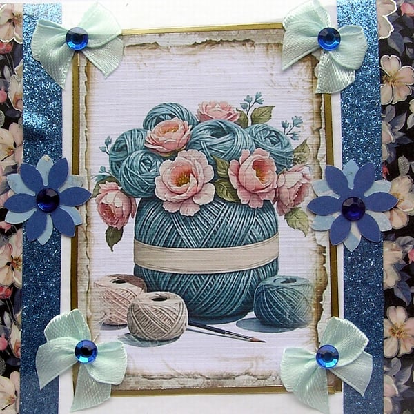 Knitting Crafting Wool - Hand Crafted Decoupage Greeting Card - Blank 3138