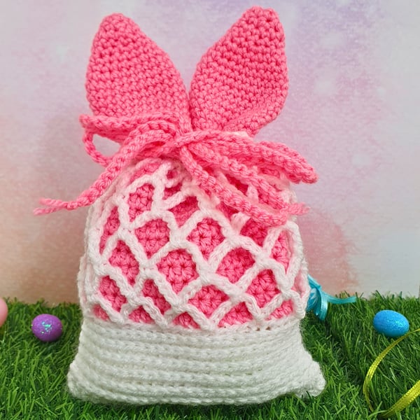 Easter Bunny Ears Gift pouch In Pink & White, Crochet Drawstring Bunny Treat Bag