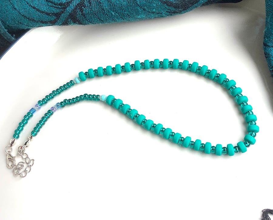 Polymer clay bead necklaces, single strand, dainty turquoise colour minimalist