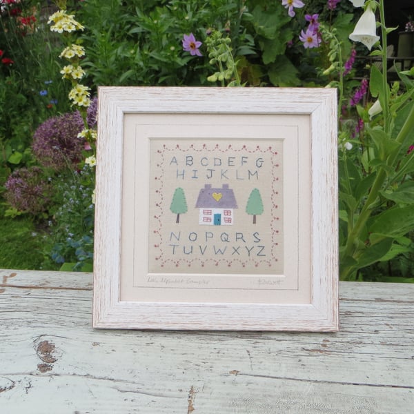 Little Alphabet Sampler hand-stitched framed miniature textile, detailed work