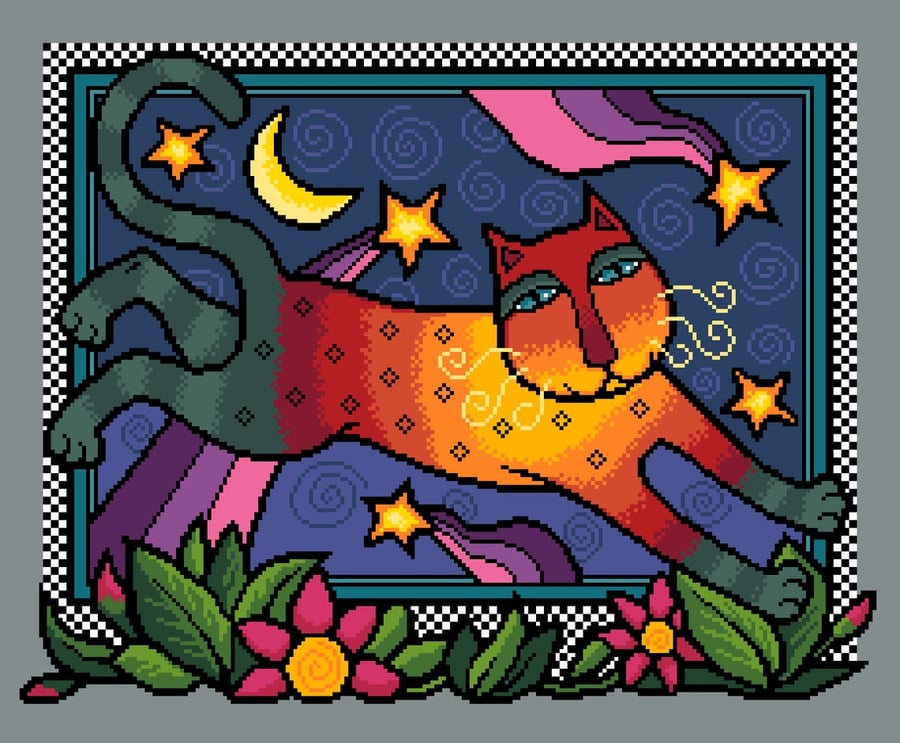 087 - Colourful Cats Series - Leaping Night Cat - Cross Stitch Pattern