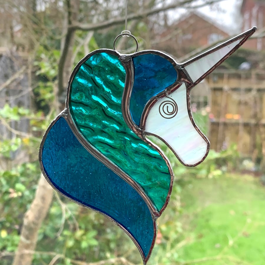Stained Glass Unicorn Suncatcher - Handmade Decoration - Turquoise 