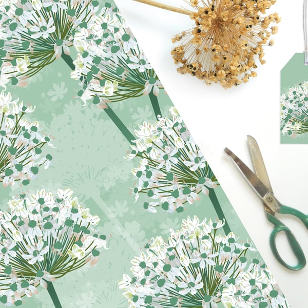 White Allium Gift Wrapping Paper - Single Sheet, eco friendly, recyclable