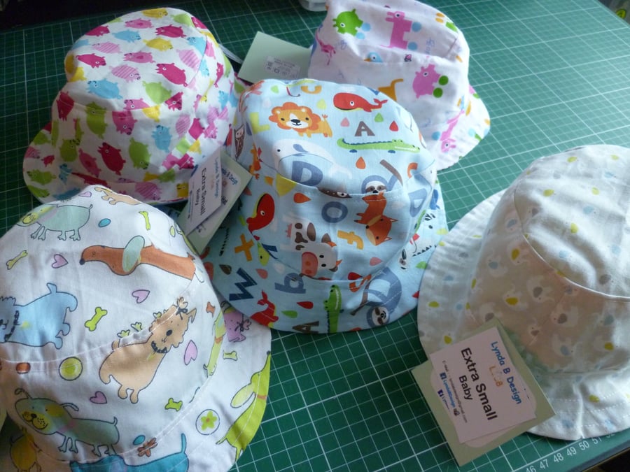 Sun Hats, Bucket Hats. Babies, Children Adult sizes, Reversible 100% Cotton