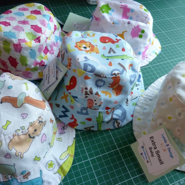 Sun Hats, Bucket Hats. Babies, Children Adult sizes, Reversible 100% Cotton