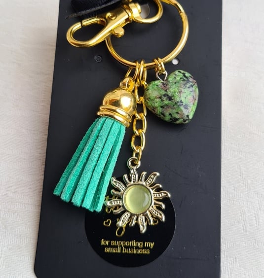 Brighter Days Keyring 3 - Light Green Sun, Green Tassel, Zoisite Gemstone Heart