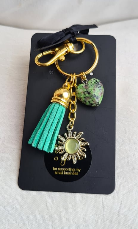 Brighter Days Keyring 3 - Light Green Sun, Green Tassel, Zoisite Gemstone Heart