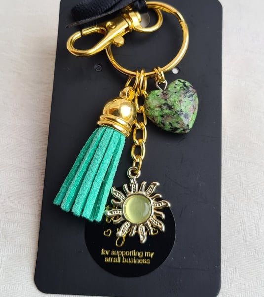 Brighter Days Keyring 3 - Light Green Sun, Green Tassel, Zoisite Gemstone Heart