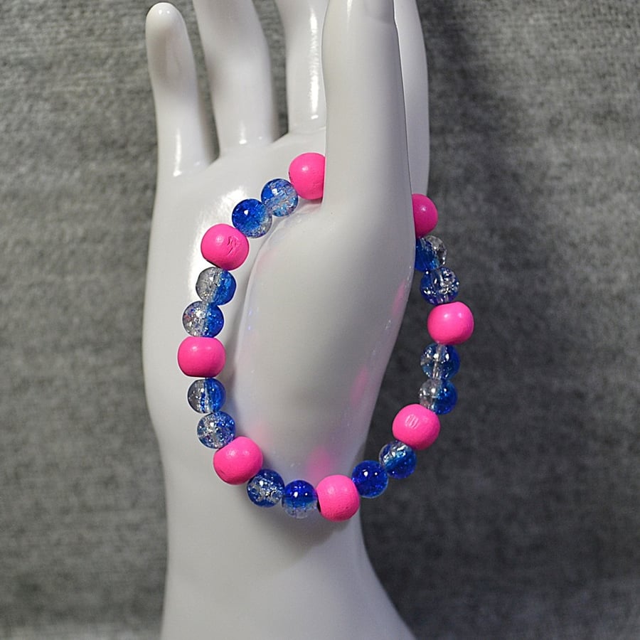 Pink Wooden Bead and Half-Coated Blue-Clear Crackle Glass Elastic Bracelet