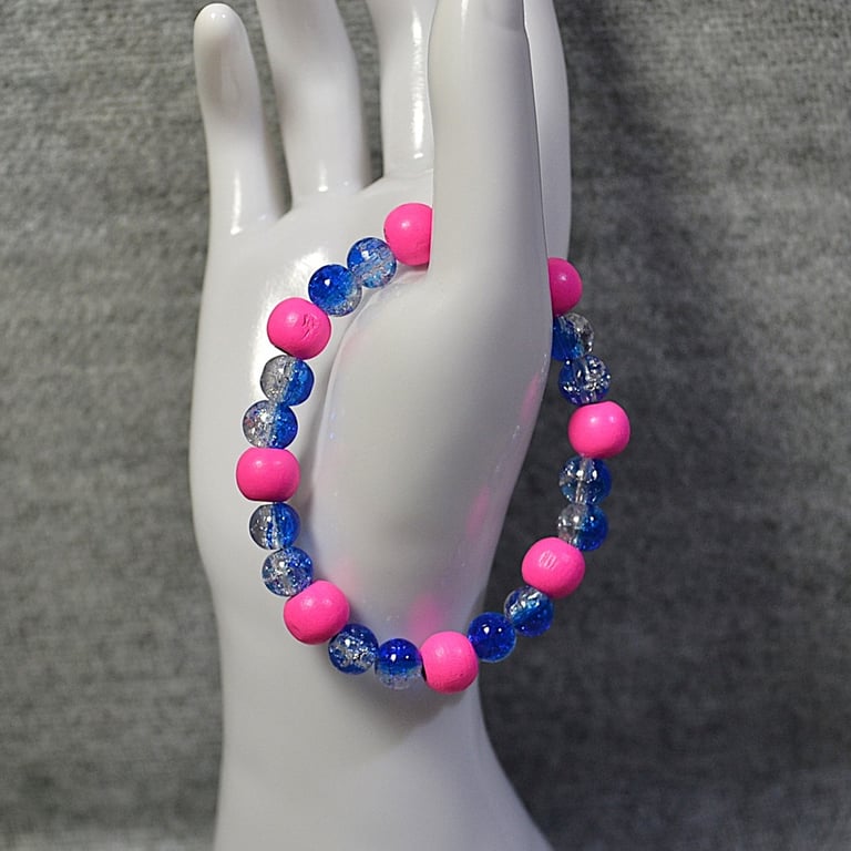 Pink Wooden Bead and Half-Coated Blue-Clear Crackle Glass Elastic Bracelet