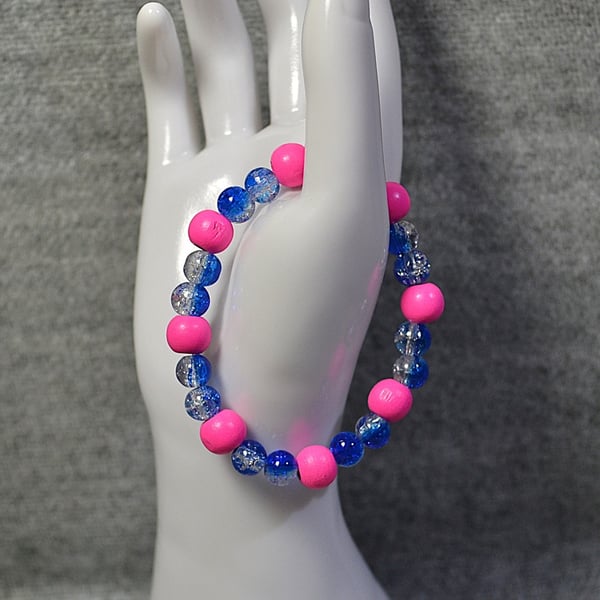 Pink Wooden Bead and Half-Coated Blue-Clear Crackle Glass Elastic Bracelet