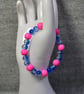 Pink Wooden Bead and Half-Coated Blue-Clear Crackle Glass Elastic Bracelet