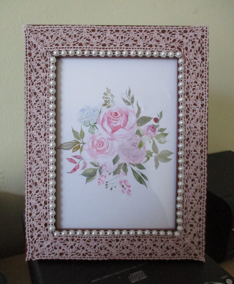 Pink Lace Photo Frame with Roses Print - Pearl Trim - Crochet Lace - Romantic