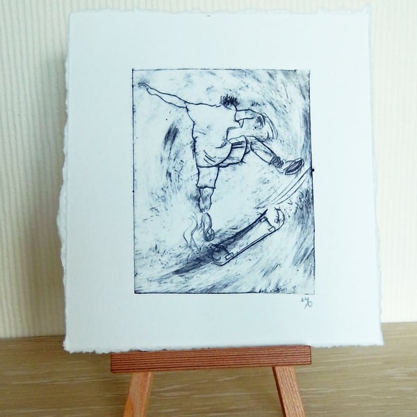 The Skateboarder. Small Original Drypoint Print.  Sports. Small Art