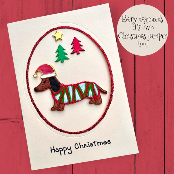 Christmas card, sausage dog in Santa hat and xmas jumper. To or from the dog. 