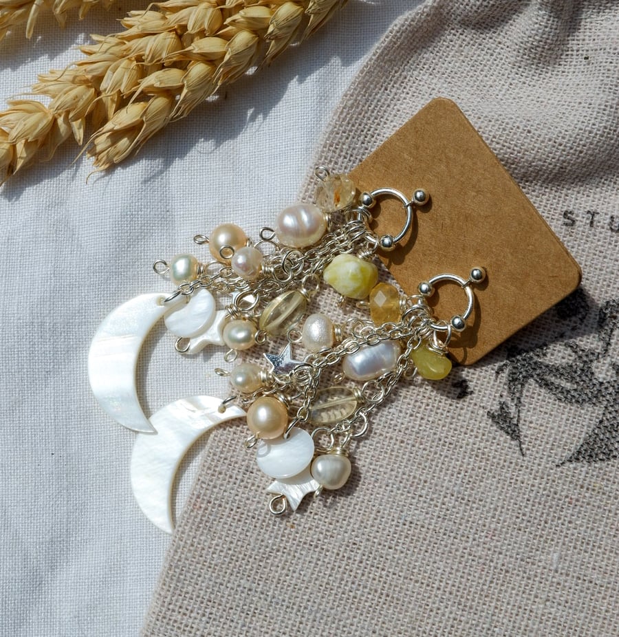 Pearl Earrings - Celestial Sterling Silver Lemon Quartz Gemstone Beaded Earrings