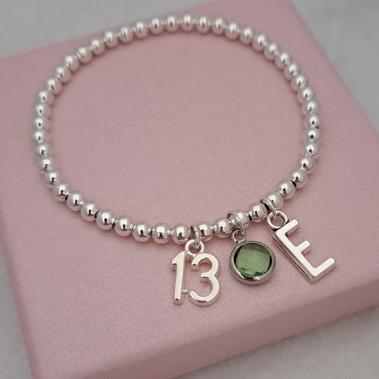 Personalised 13th Birthday Initial & Birthstone Silver Stretch Bracelet