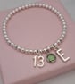Personalised 13th Birthday Initial & Birthstone Silver Stretch Bracelet