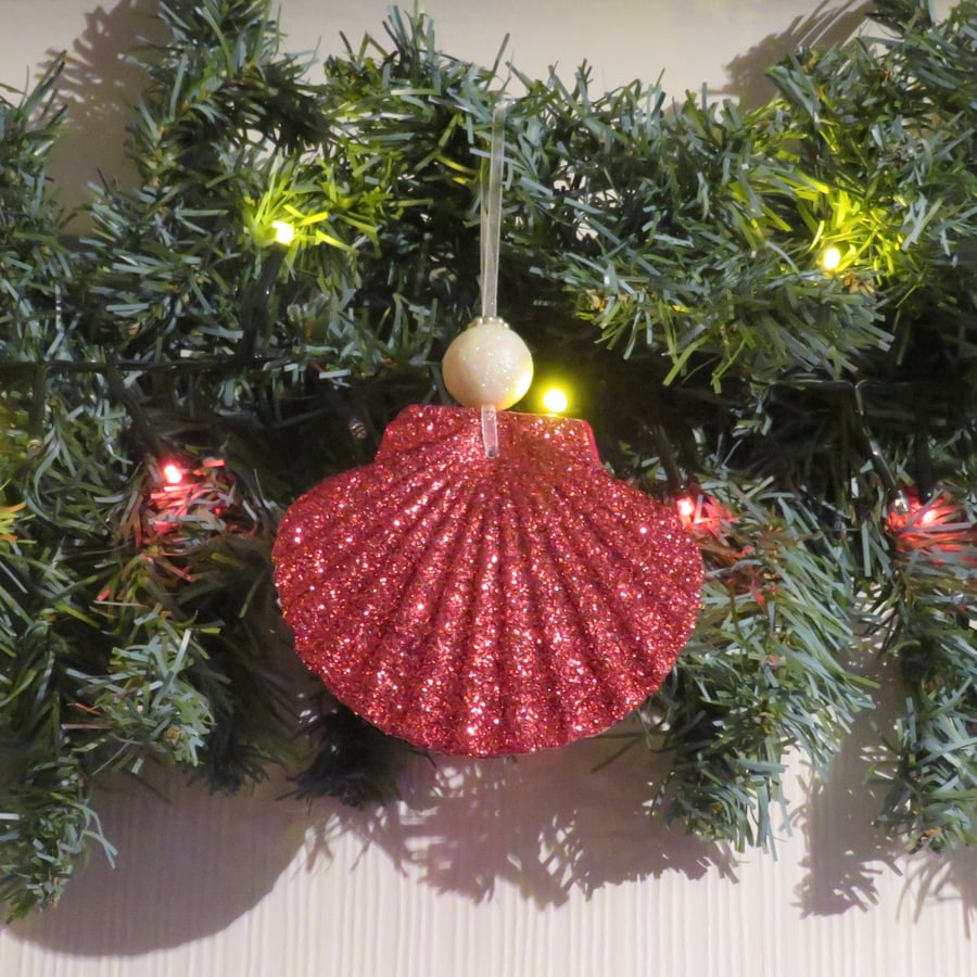 Cute handmade flat shell guardian angel for Xmas or Yule and funky red glitter o