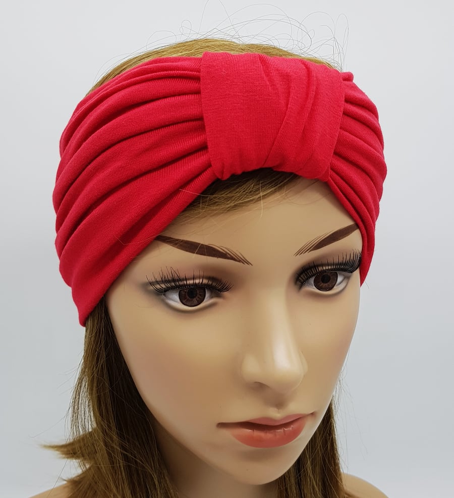 Red stretchy headband, viscose jersey wide top knot turban headband