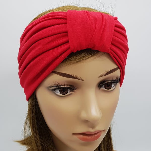 Red stretchy headband, viscose jersey wide top knot turban headband