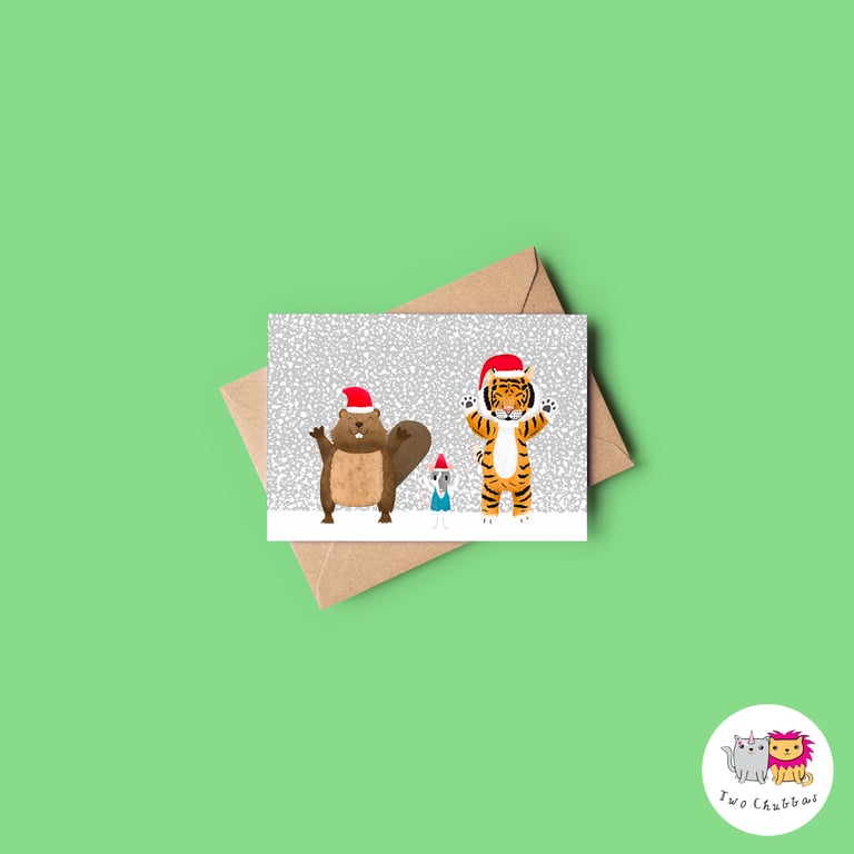 Cute Animal Christmas Card, A6 Christmas Card, Cute Animal Christmas Card