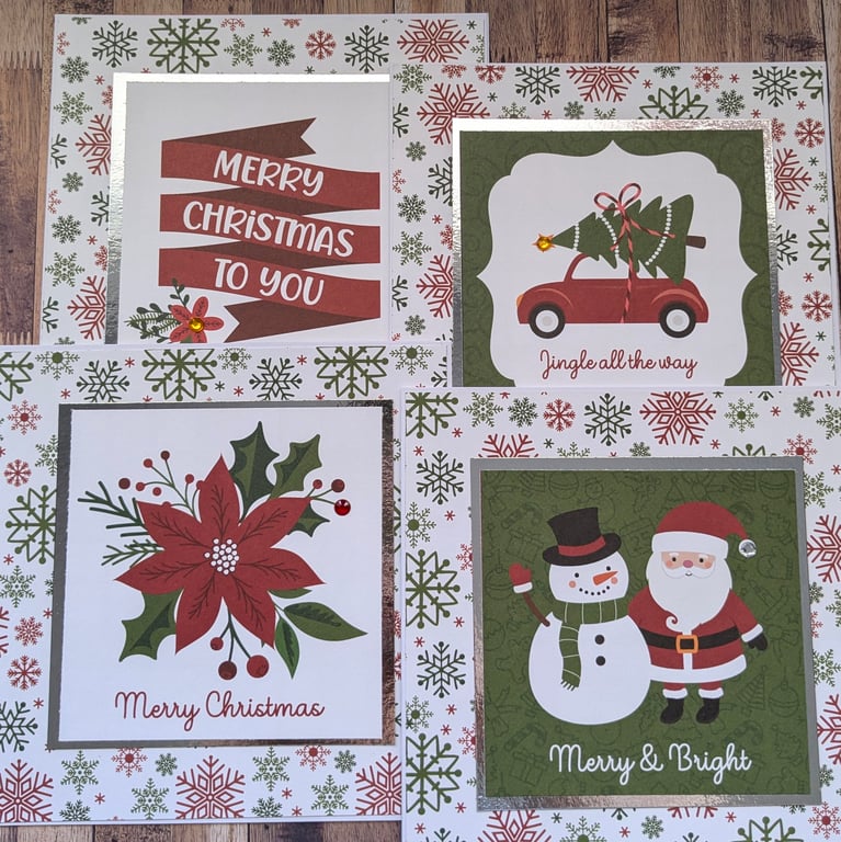 Set of four Christmas cards, traditional Christmas. 