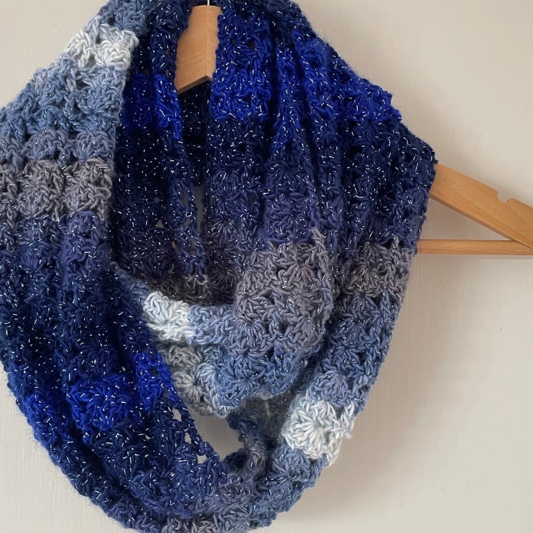 Blue Crochet Infinity Scarf - Handmade - Sparkly Scarves - Magical Gifts for Mum