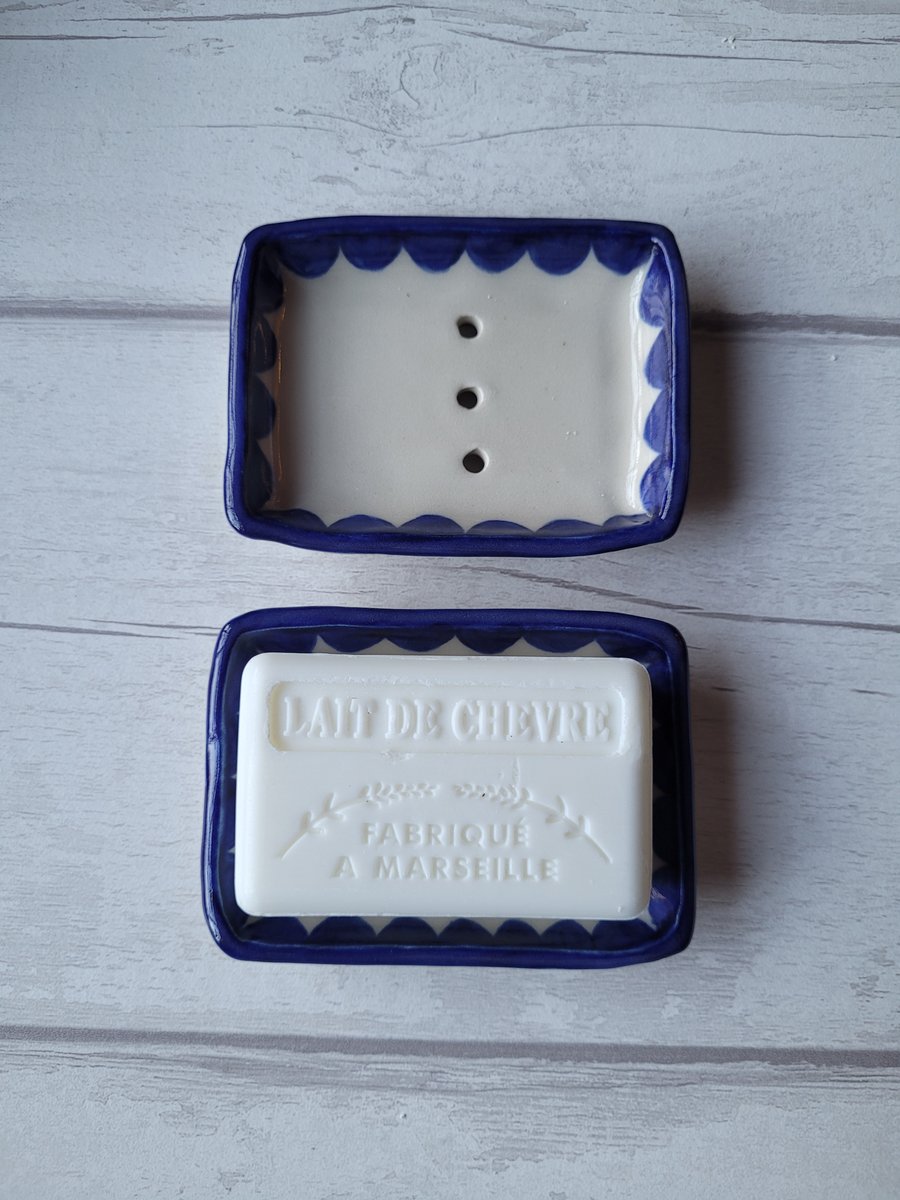 Blue scolloped soap dish