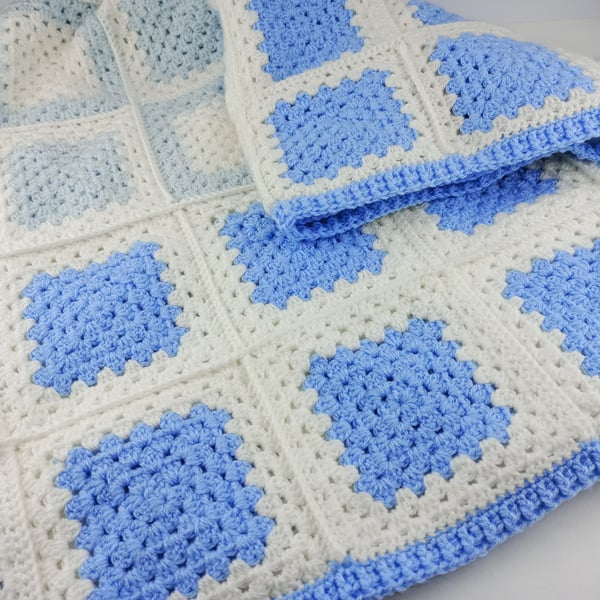 Crochet Blanket Throw - Blue and White Crochet Throw With Ribbed Border