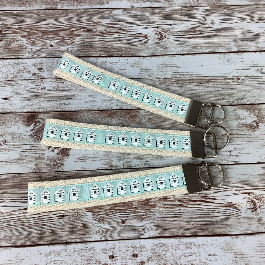 Beach hut wristlet key fob, Seaside key ring, Handmade