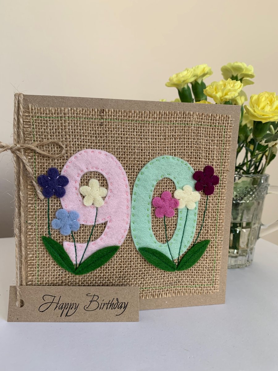 Handmade 90th Birthday Card. Keepsake Card. Textile card.