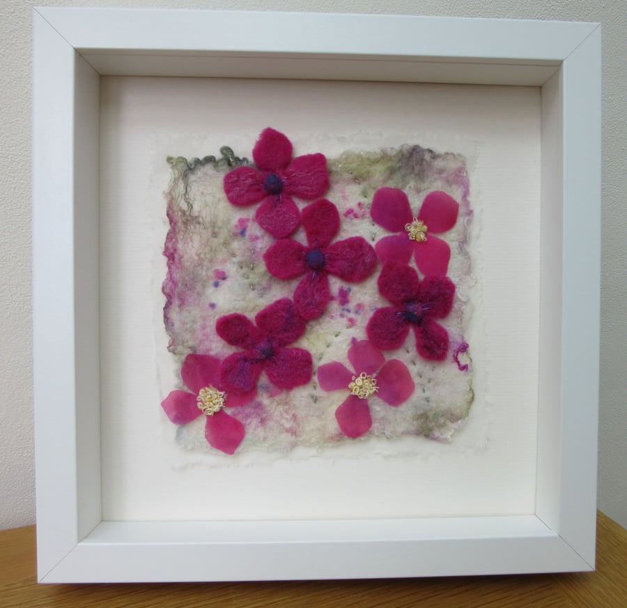 Pink flower felt picture.  Organza and hand felted flowers in white frame.