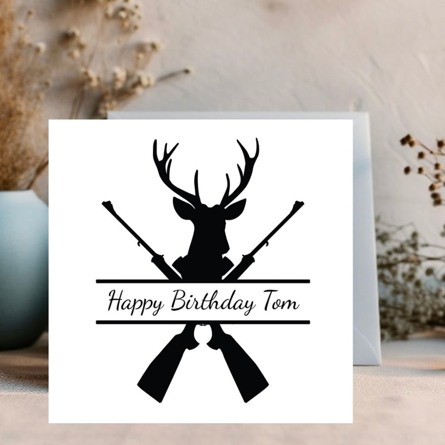 Stag & Gun, black and white style personalised greetings card