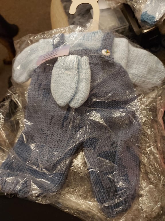 Light Blue and Blue premature baby doll romper jump suit set with mittens
