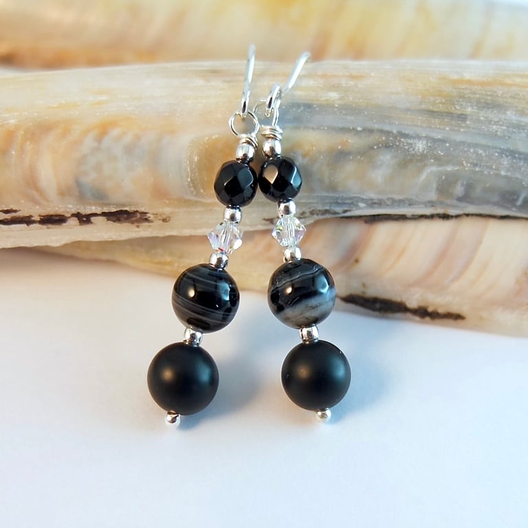 Banded, Frosted & Faceted Onyx Earrings With Sparkly Crystal, Gifts For Her