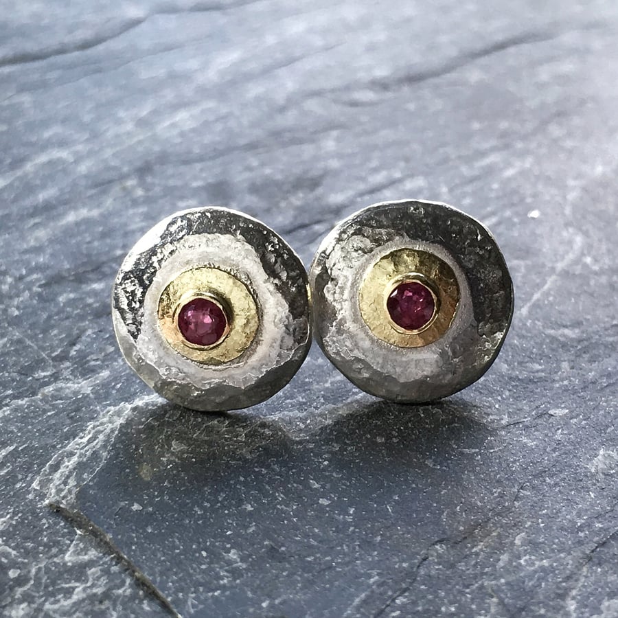 Ruby earrings, silver and gold stud earrings