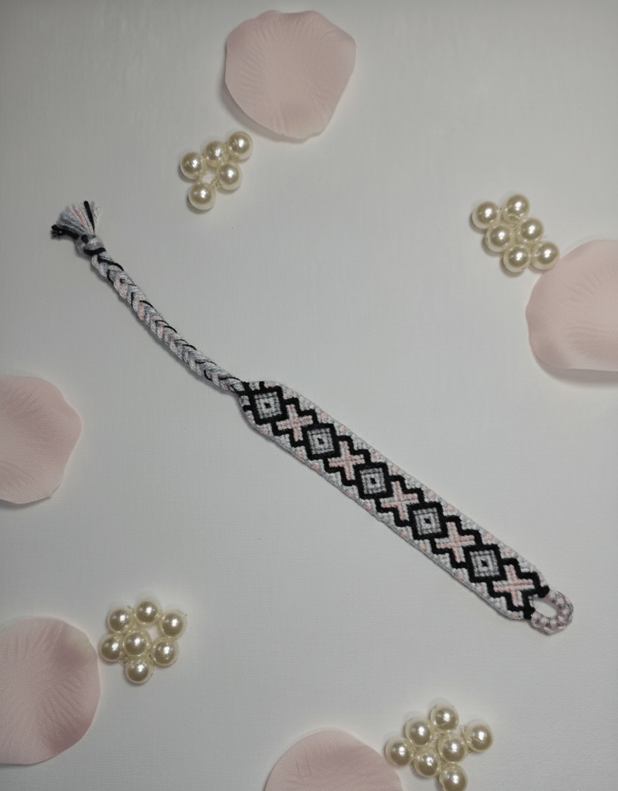 Handwoven Friendship Bracelet – Pink & Black Diamond Pattern – Boho Gift for Her