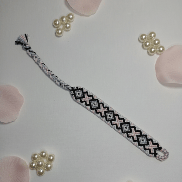 Handwoven Friendship Bracelet – Pink & Black Diamond Pattern – Boho Gift for Her