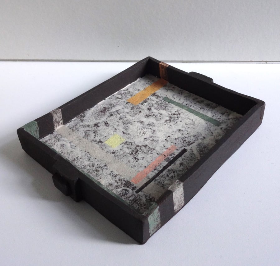 Handmade ceramic trinket dish display tray Abstract art handpainted design.  
