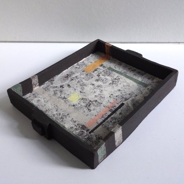 Handmade ceramic trinket dish display tray Abstract art handpainted design.  