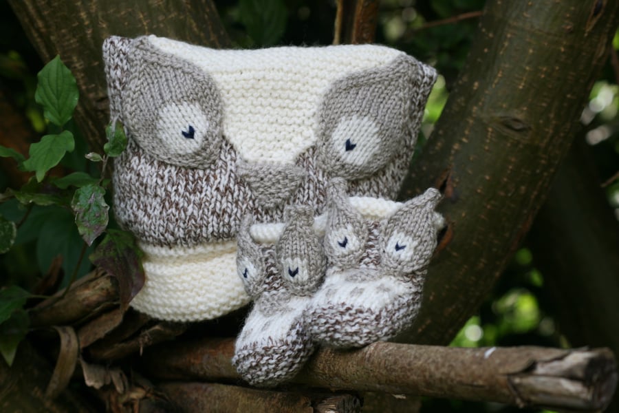 KNITTING PATTERN in pdf - Owl Baby Hat and Booties