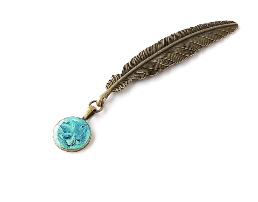 Blue Feather Bookmark, Antique Bronze  F023