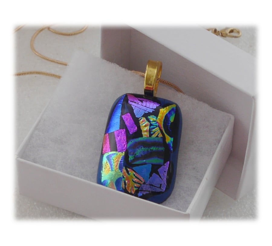 Blue Dichroic Glass Pendant 141 Patchwork with gold plated chain