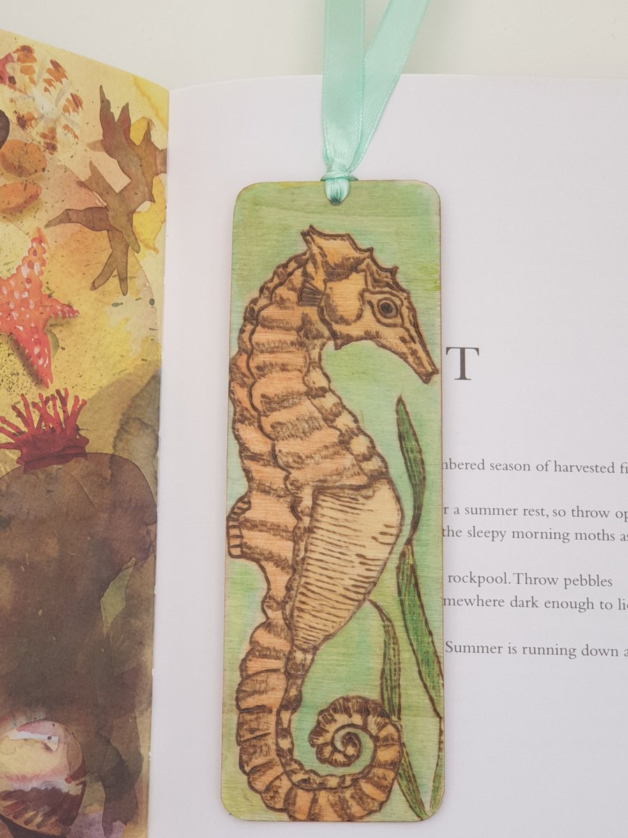 seahorse bookmark wooden hand decorated using pyrography and watercolour