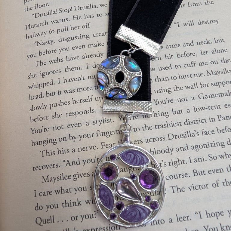 Black Velvet bookmark with upcycled jewellery dangles